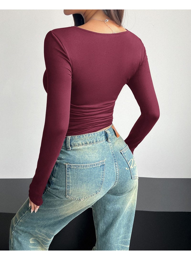 general 2026 Elegant Women's Long-Sleeved Square-Neck Crop Top, Long-Sleeved Pullover Tight-Fitting Casual Fashion Top, Y2K Style Top, T-Shirt - Image 5